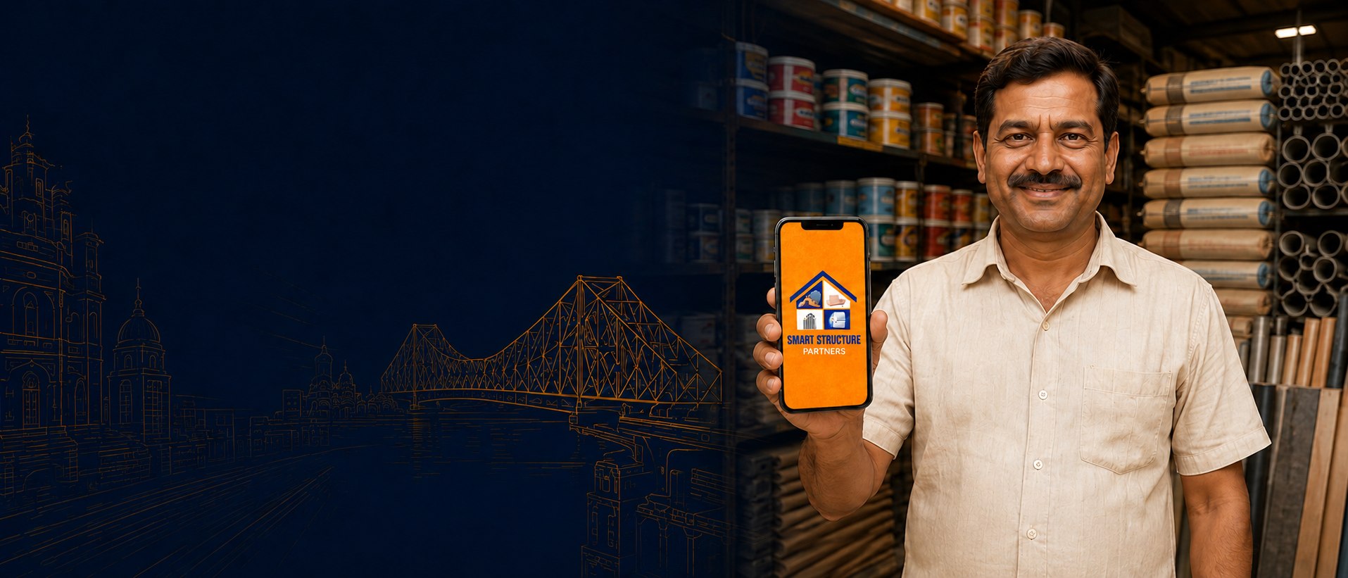 SmartStructure Partners dealer holding the app in his building-material shop