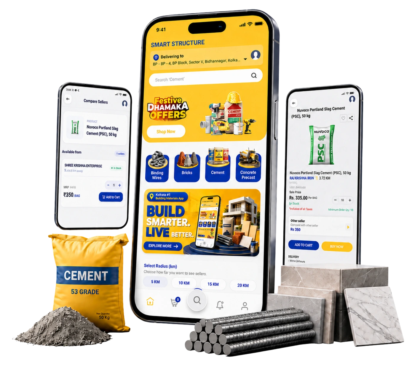 SMART STRUCTURE® app screens for comparing and ordering building materials