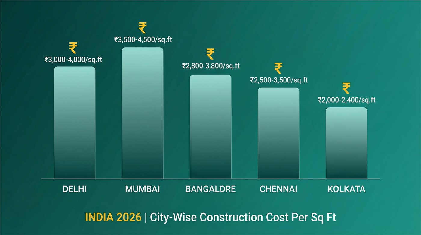 Construction Cost Per Sq Ft in India 2026 — City-Wise Comparison