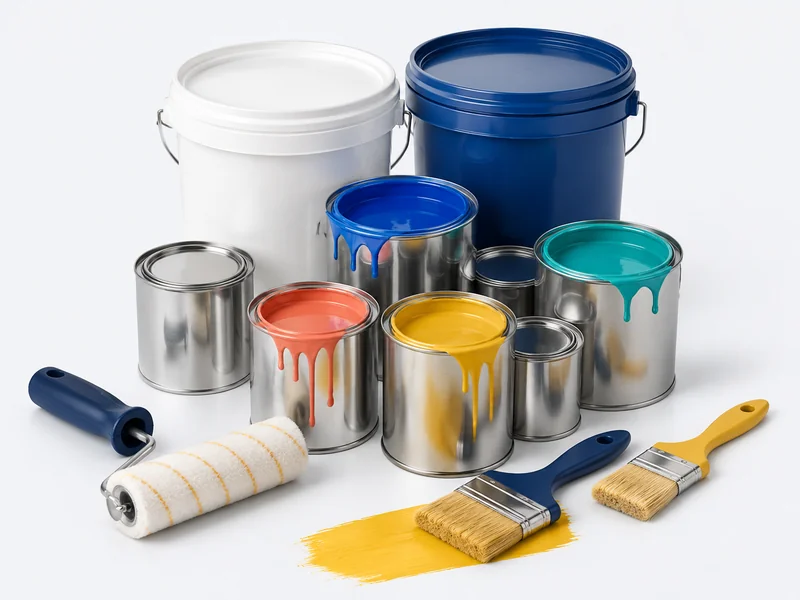 Paint cans, buckets, colour samples, brush and roller