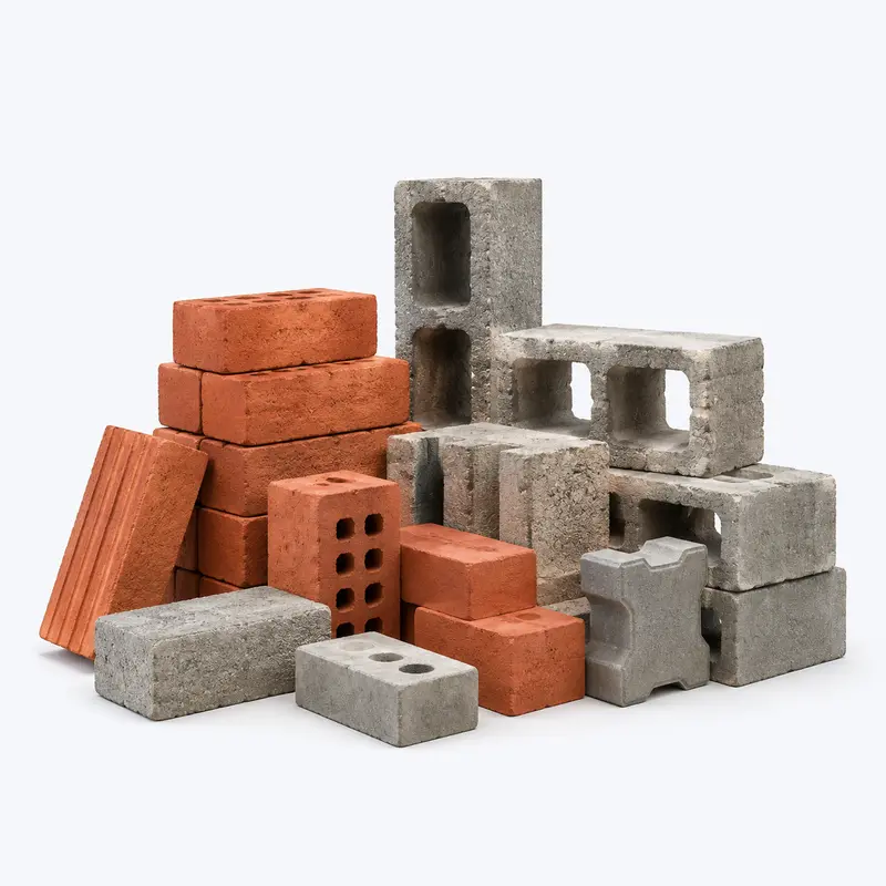 Red clay bricks and concrete construction blocks