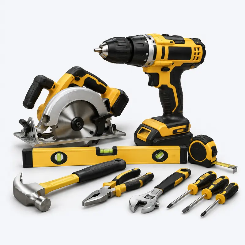 Drill, circular saw and hand tools for construction