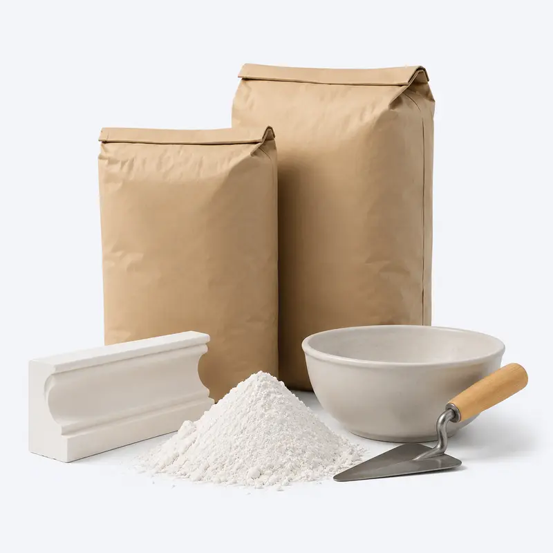 Plaster of Paris bags, white powder, cornice and tools