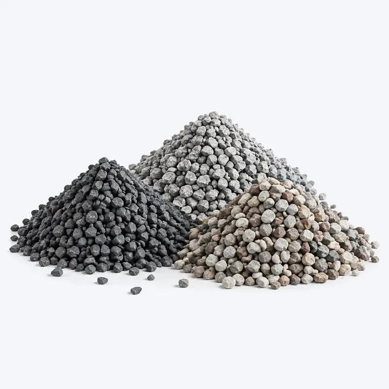 Graded piles of crushed construction stone chips