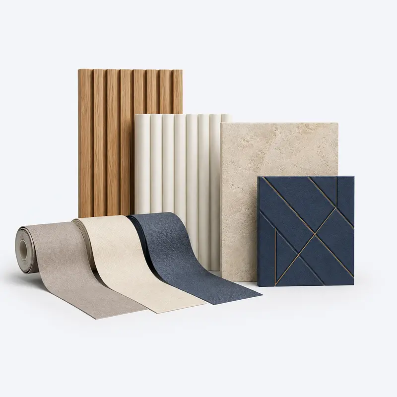 Wallpaper rolls and decorative wall panel samples