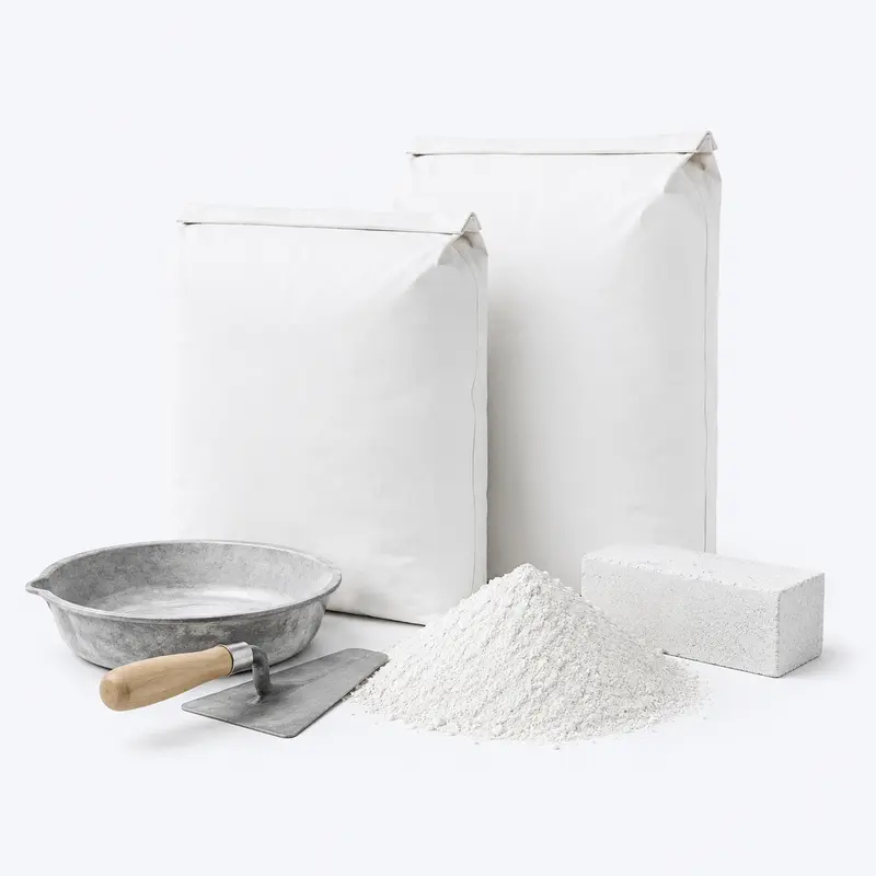 White cement bags, powder, masonry block and tools