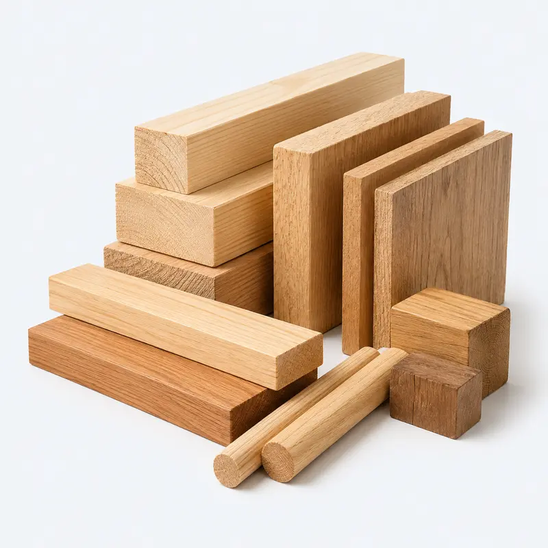 Solid timber beams, planks, dowels and wood blocks